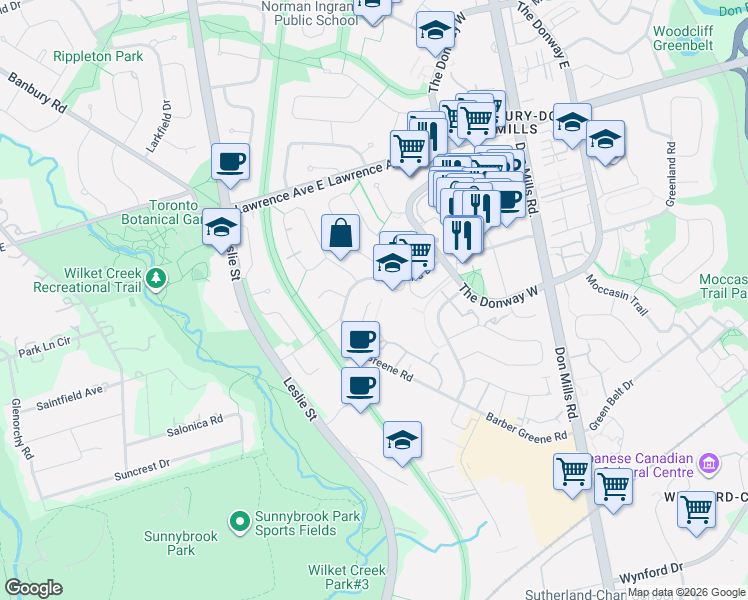 map of restaurants, bars, coffee shops, grocery stores, and more near 23 Ballymena Court in Toronto