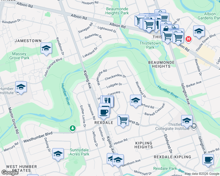 map of restaurants, bars, coffee shops, grocery stores, and more near 33 Ludgate Drive in Toronto