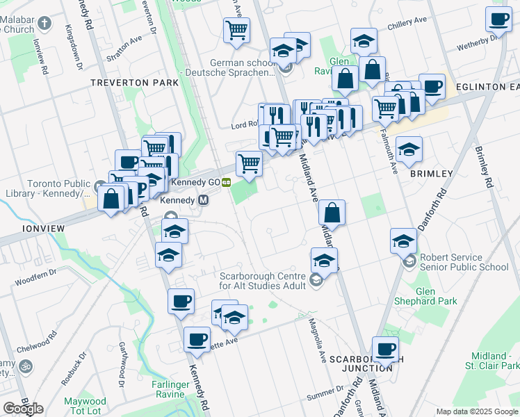 map of restaurants, bars, coffee shops, grocery stores, and more near 154 Benjamin Boulevard in Toronto