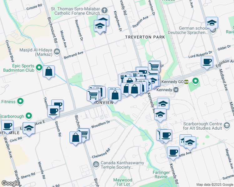 map of restaurants, bars, coffee shops, grocery stores, and more near 2360 Eglinton Avenue East in Toronto