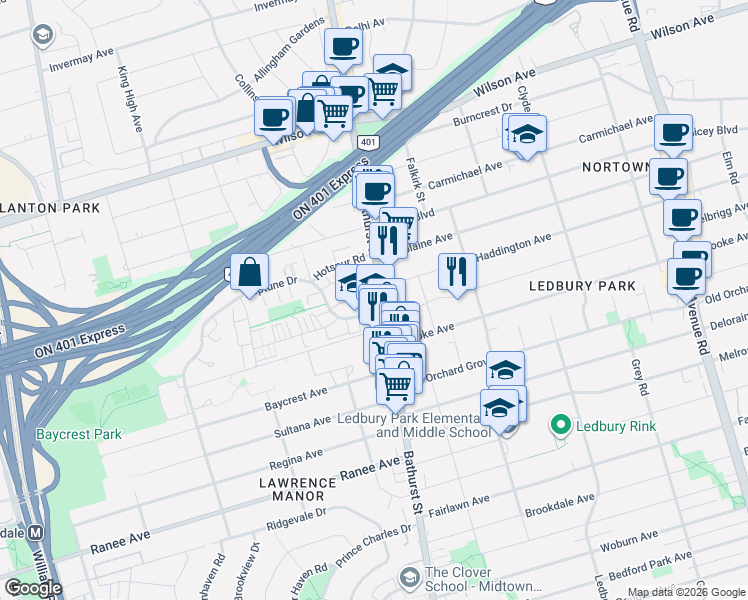 map of restaurants, bars, coffee shops, grocery stores, and more near 2 Neptune Drive in Toronto