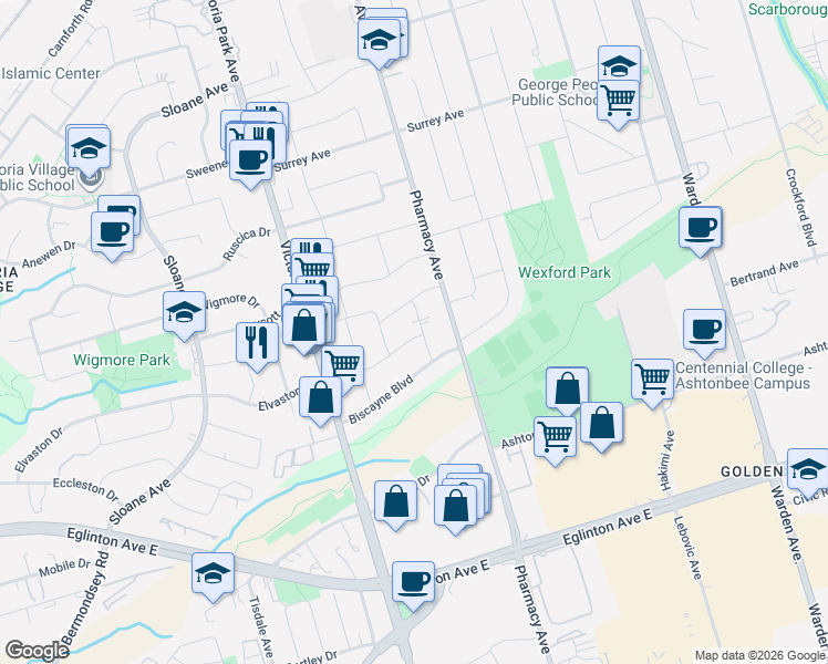 map of restaurants, bars, coffee shops, grocery stores, and more near in Toronto