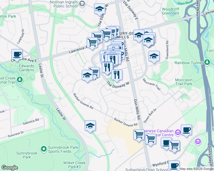 map of restaurants, bars, coffee shops, grocery stores, and more near 75 The Donway West in Toronto