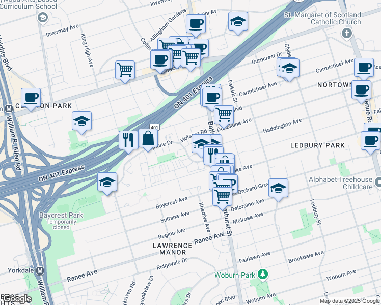 map of restaurants, bars, coffee shops, grocery stores, and more near in Toronto