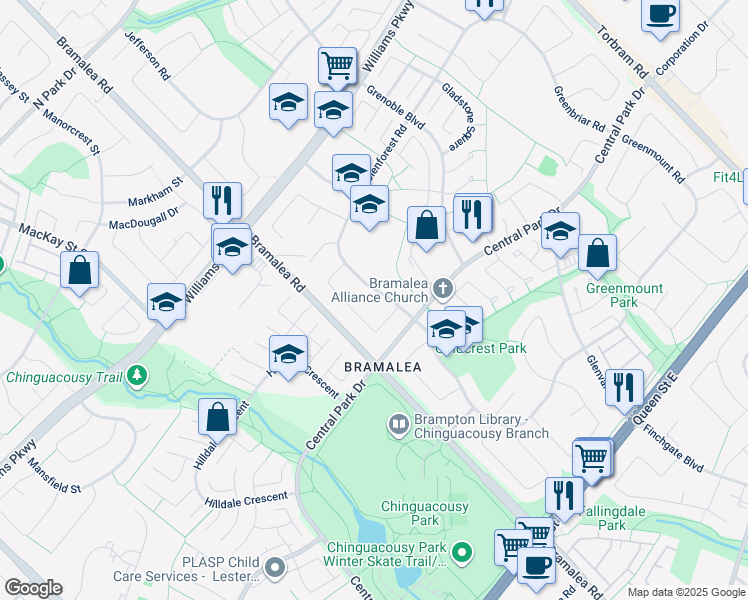 map of restaurants, bars, coffee shops, grocery stores, and more near 29 Glenforest Road in Brampton