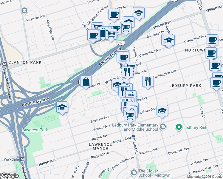 map of restaurants, bars, coffee shops, grocery stores, and more near 50 Neptune Drive in Toronto