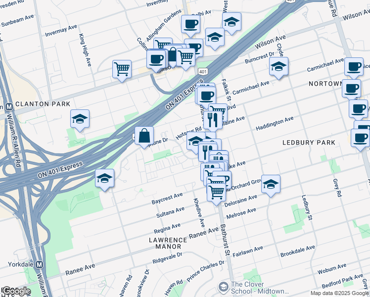 map of restaurants, bars, coffee shops, grocery stores, and more near in Toronto