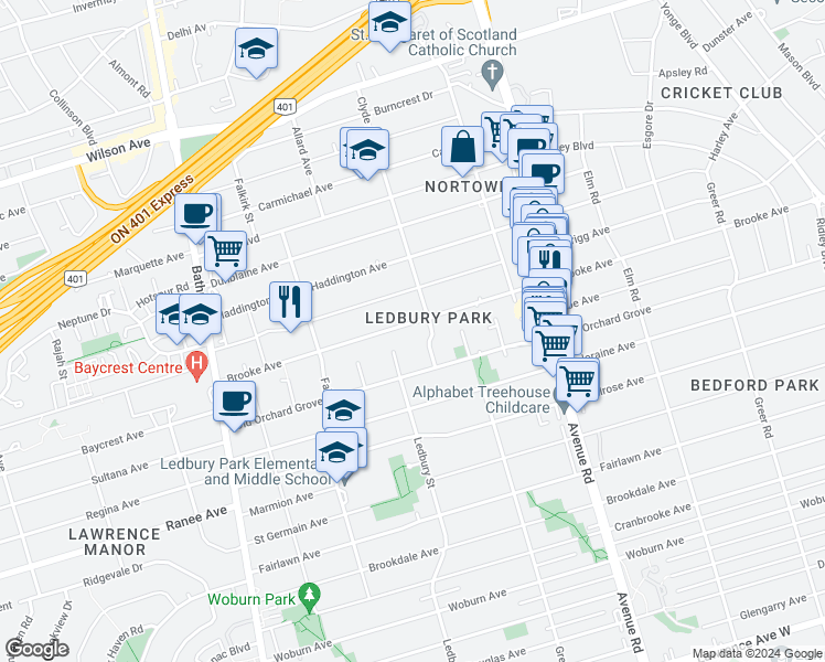 map of restaurants, bars, coffee shops, grocery stores, and more near 315 Brooke Avenue in Toronto