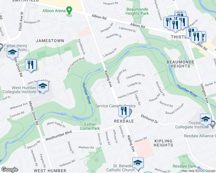 map of restaurants, bars, coffee shops, grocery stores, and more near 40 Watercliffe Road in Toronto