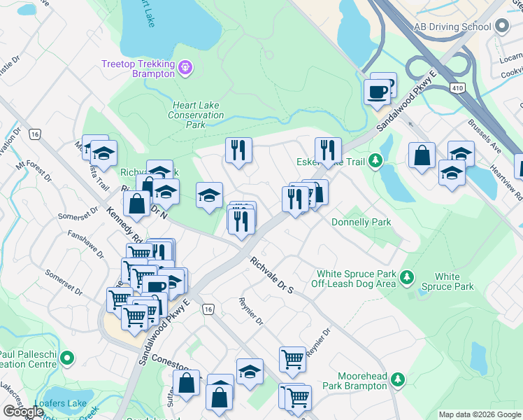 map of restaurants, bars, coffee shops, grocery stores, and more near 14 Royal Palm Drive in Brampton