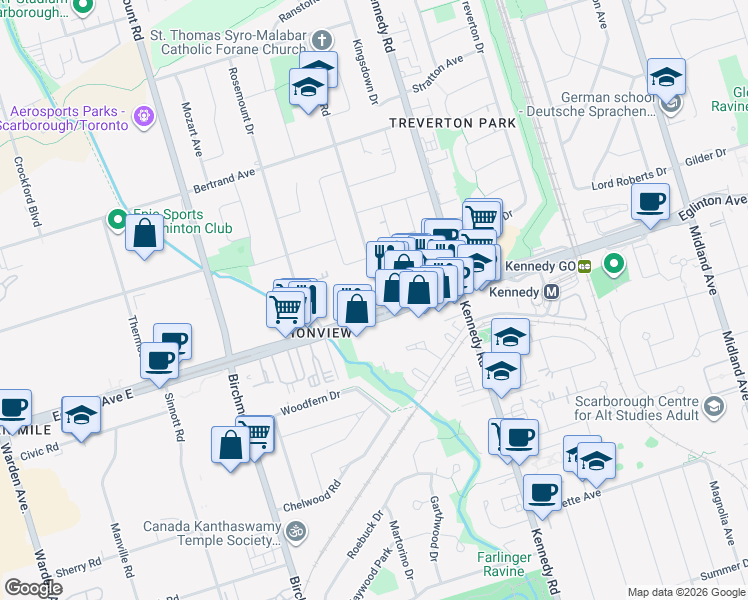 map of restaurants, bars, coffee shops, grocery stores, and more near 10 Ionview Road in Toronto