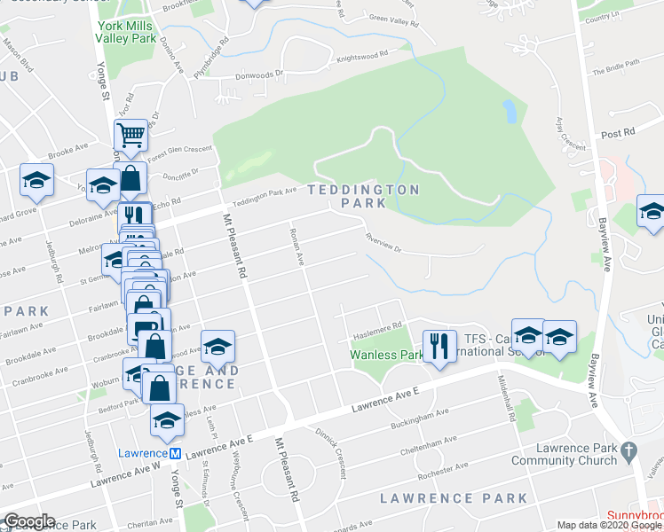 map of restaurants, bars, coffee shops, grocery stores, and more near in Toronto