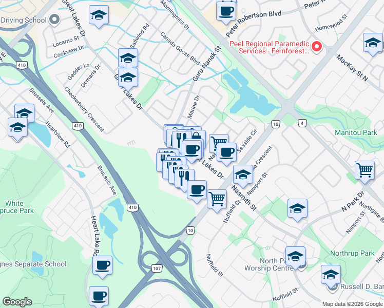 map of restaurants, bars, coffee shops, grocery stores, and more near 94 Sandyshores Drive in Brampton