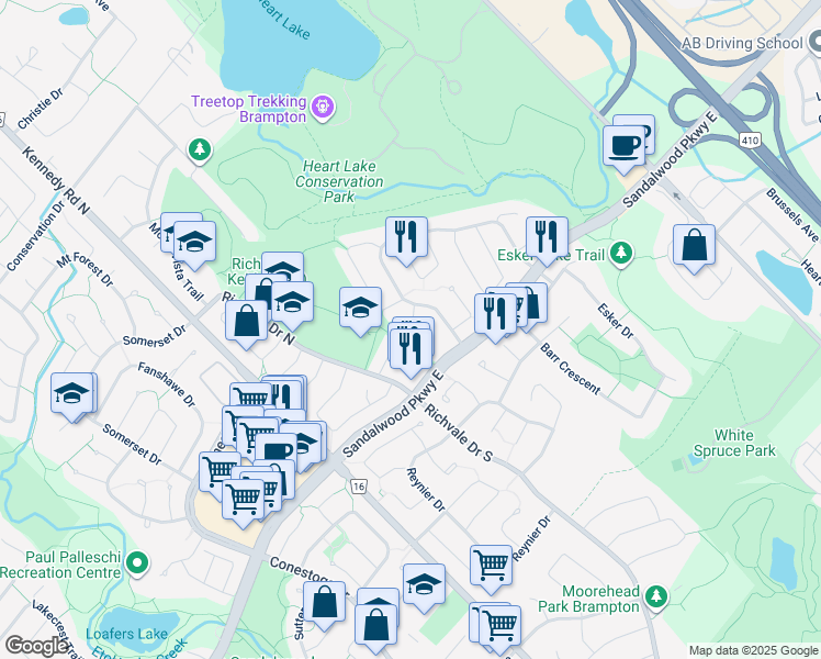 map of restaurants, bars, coffee shops, grocery stores, and more near in Brampton