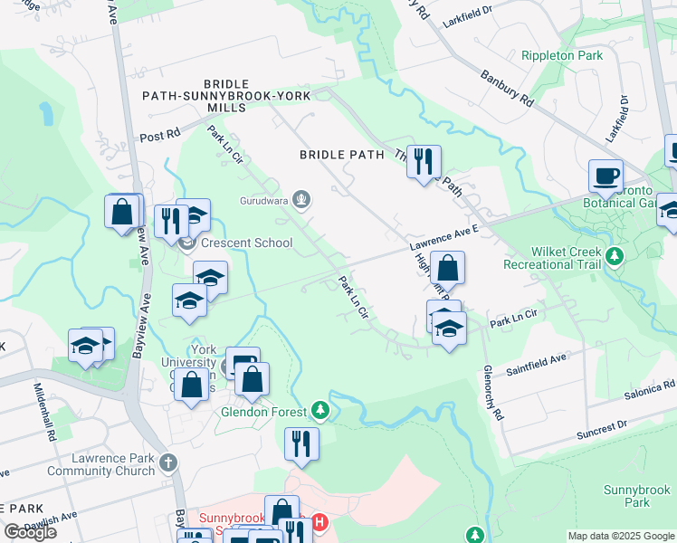 map of restaurants, bars, coffee shops, grocery stores, and more near Park Lane Circle in Toronto
