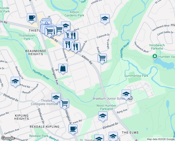 map of restaurants, bars, coffee shops, grocery stores, and more near 27 Gibson Avenue in Toronto