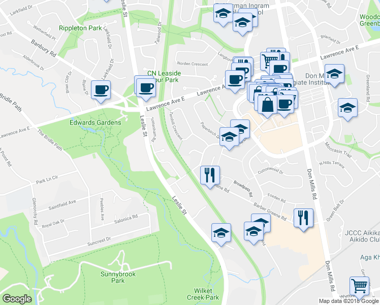 map of restaurants, bars, coffee shops, grocery stores, and more near 16 Veery Place in Toronto