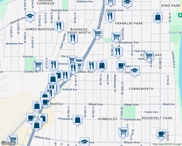 map of restaurants, bars, coffee shops, grocery stores, and more near 2003 South 15th Street in Sheboygan