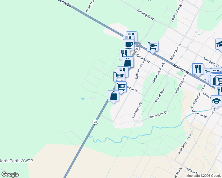 map of restaurants, bars, coffee shops, grocery stores, and more near 598 Mitchell Road South in Listowel