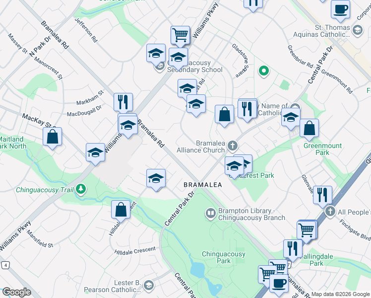 map of restaurants, bars, coffee shops, grocery stores, and more near 39 Grassmere Crescent in Brampton