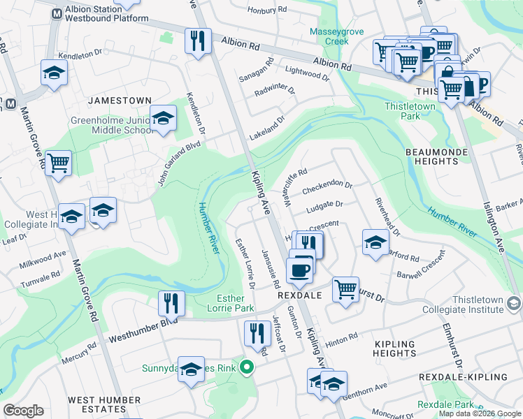 map of restaurants, bars, coffee shops, grocery stores, and more near 80 Esther Lorrie Drive in Toronto