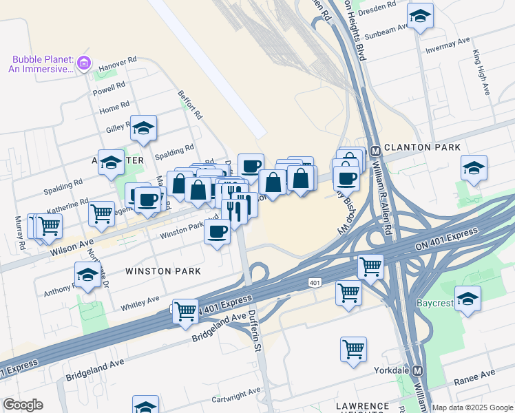 map of restaurants, bars, coffee shops, grocery stores, and more near in Toronto