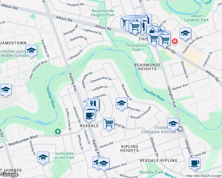 map of restaurants, bars, coffee shops, grocery stores, and more near 5 Ludgate Drive in Toronto
