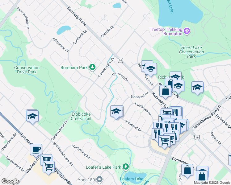 map of restaurants, bars, coffee shops, grocery stores, and more near 46 Monterey Avenue in Brampton