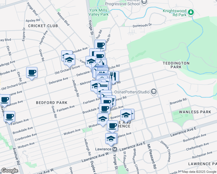 map of restaurants, bars, coffee shops, grocery stores, and more near 25 Golfdale Road in Toronto