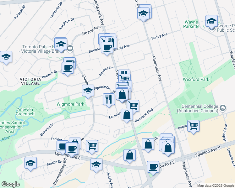map of restaurants, bars, coffee shops, grocery stores, and more near in Toronto