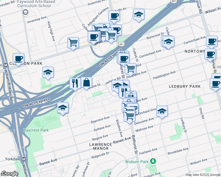 map of restaurants, bars, coffee shops, grocery stores, and more near in Toronto