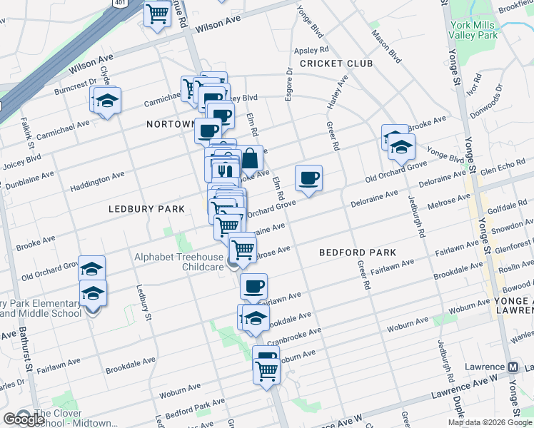 map of restaurants, bars, coffee shops, grocery stores, and more near 357 Old Orchard Grove in Toronto