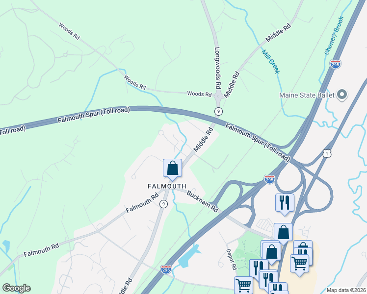 map of restaurants, bars, coffee shops, grocery stores, and more near 250 Middle Road in Falmouth