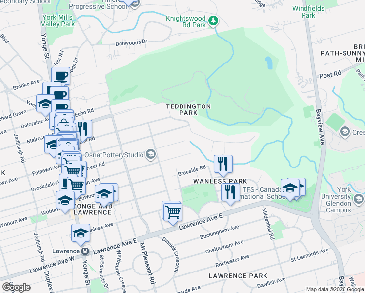 map of restaurants, bars, coffee shops, grocery stores, and more near 293 Glenforest Road in Toronto