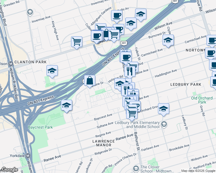 map of restaurants, bars, coffee shops, grocery stores, and more near 55 Neptune Drive in Toronto