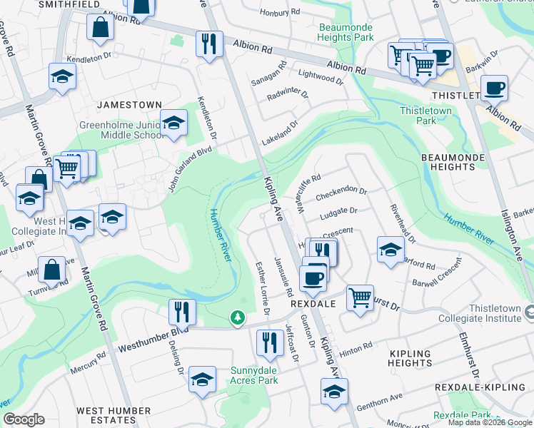 map of restaurants, bars, coffee shops, grocery stores, and more near 80 Esther Lorrie Drive in Toronto