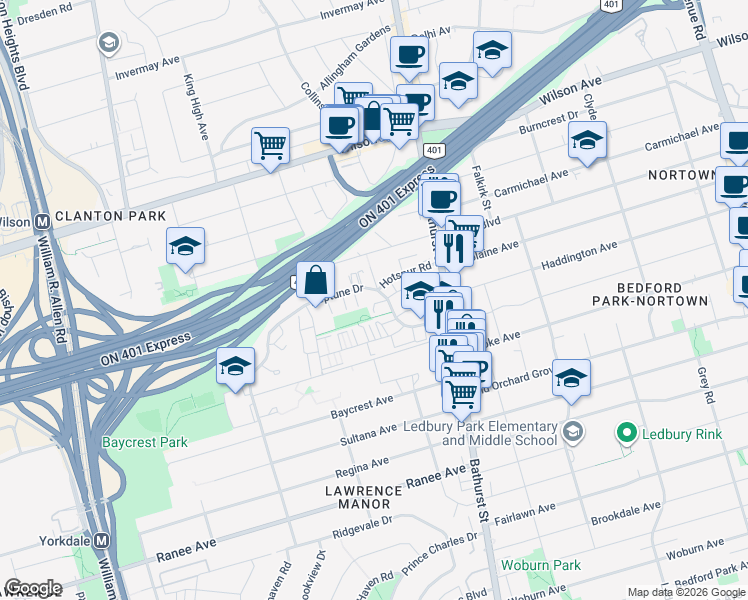 map of restaurants, bars, coffee shops, grocery stores, and more near 55 Neptune Drive in Toronto
