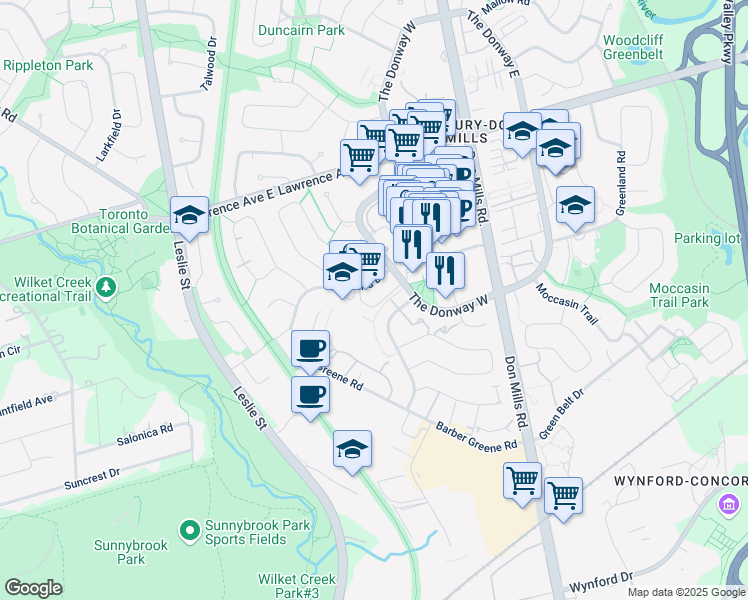 map of restaurants, bars, coffee shops, grocery stores, and more near 33 Overland Drive in Toronto