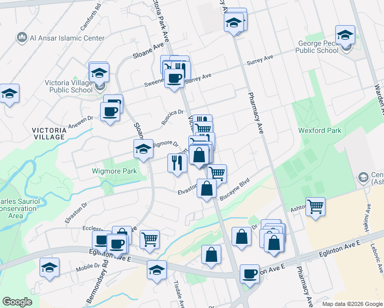 map of restaurants, bars, coffee shops, grocery stores, and more near in Toronto