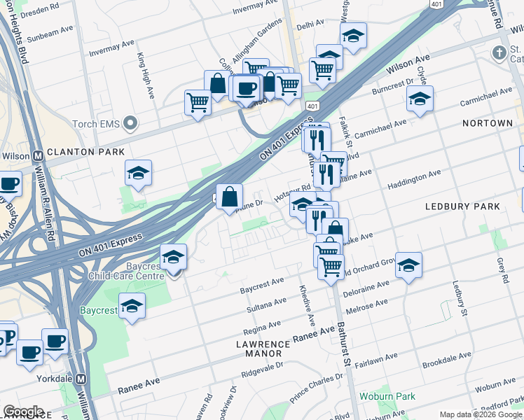map of restaurants, bars, coffee shops, grocery stores, and more near 57 Neptune Drive in Toronto