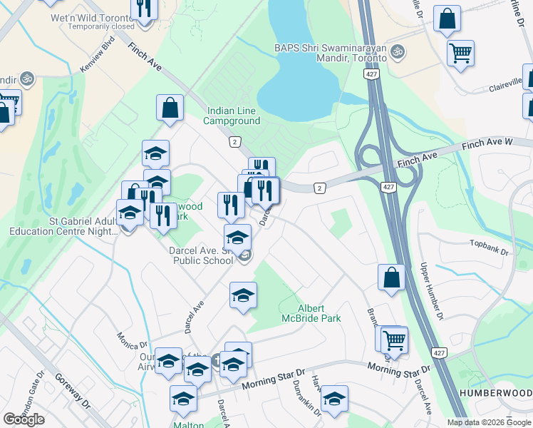 map of restaurants, bars, coffee shops, grocery stores, and more near Brandon Gate Dr & Darcel Ave in Mississauga
