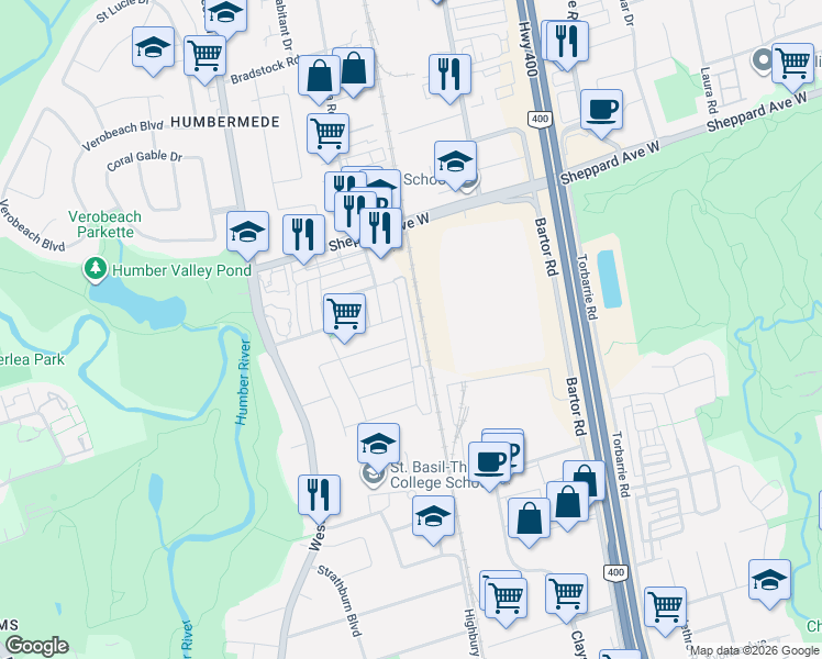 map of restaurants, bars, coffee shops, grocery stores, and more near 141 Isaac Devins Boulevard in Toronto