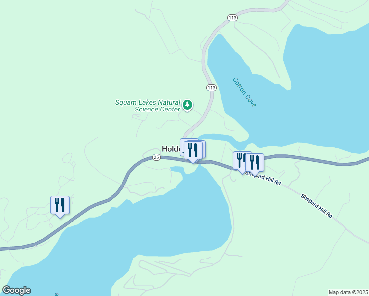 map of restaurants, bars, coffee shops, grocery stores, and more near New Hampshire 113 in Holderness