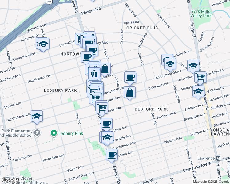 map of restaurants, bars, coffee shops, grocery stores, and more near 341 Old Orchard Grove in Toronto