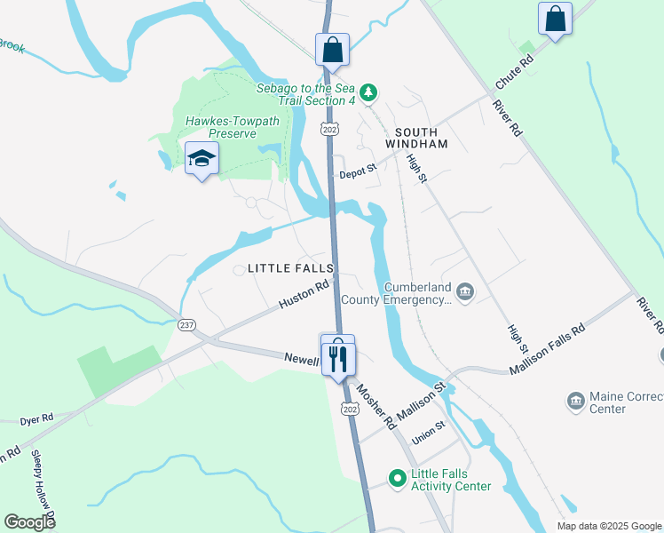 map of restaurants, bars, coffee shops, grocery stores, and more near 11 Tow Path Road in Gorham