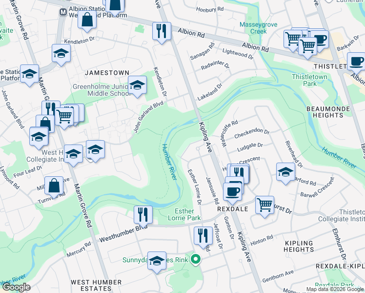 map of restaurants, bars, coffee shops, grocery stores, and more near 16-60 Esther Lorrie Dr in Toronto