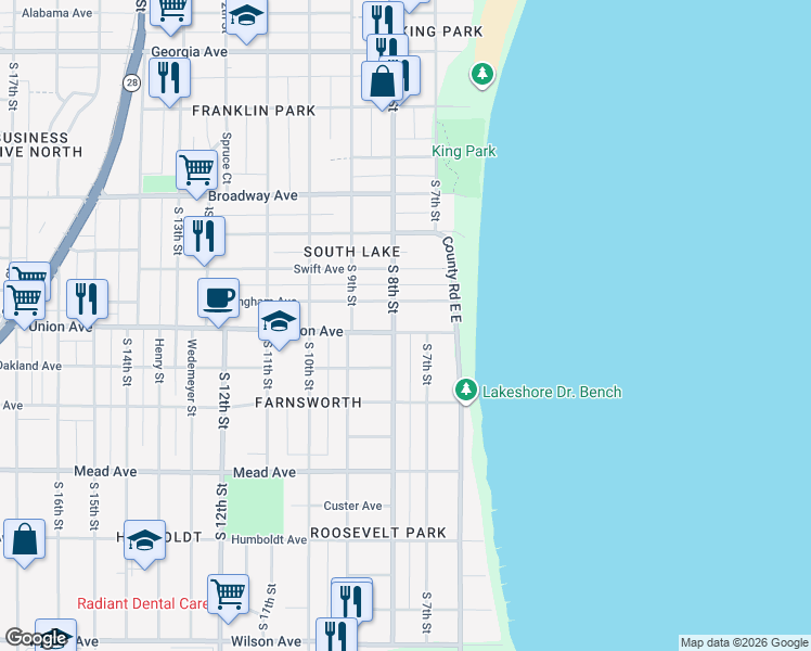 map of restaurants, bars, coffee shops, grocery stores, and more near 2005 South 8th Street in Sheboygan
