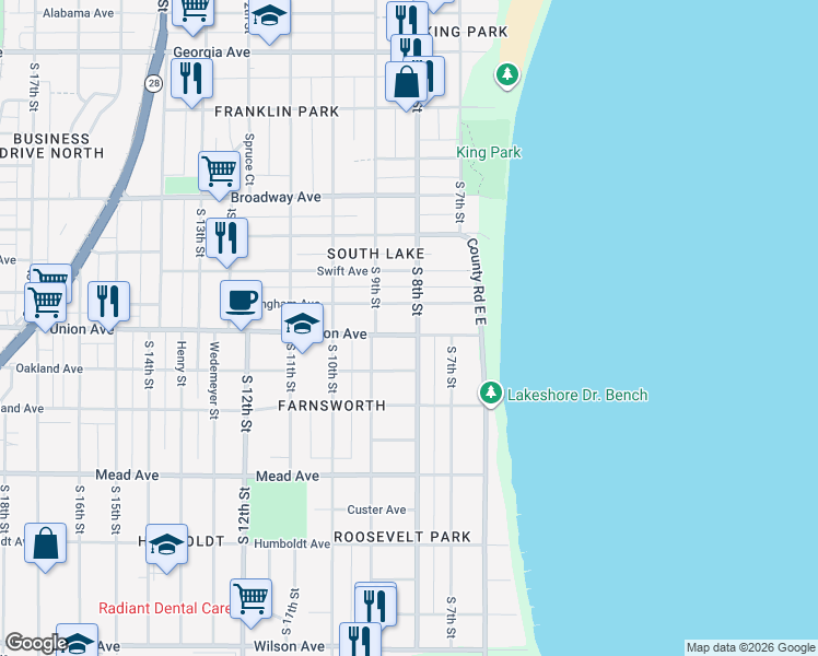 map of restaurants, bars, coffee shops, grocery stores, and more near 825 Dillingham Avenue in Sheboygan