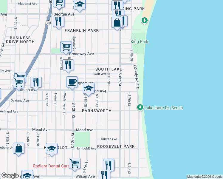 map of restaurants, bars, coffee shops, grocery stores, and more near 825 Dillingham Avenue in Sheboygan