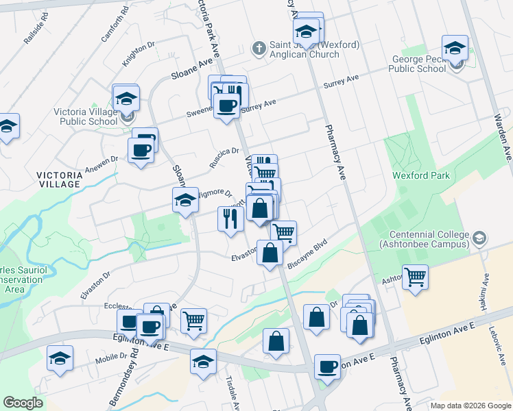 map of restaurants, bars, coffee shops, grocery stores, and more near in Toronto